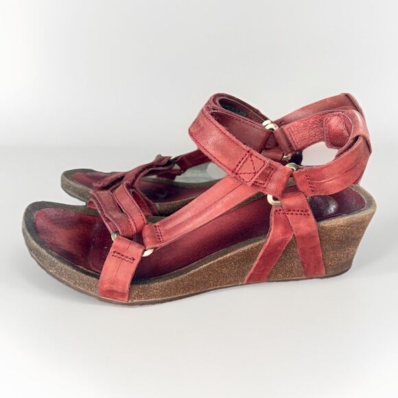 Teva Shoes - Teva Ysidro Sandals Womens 8 Red Leather Ankle Strap Wedge Shoes